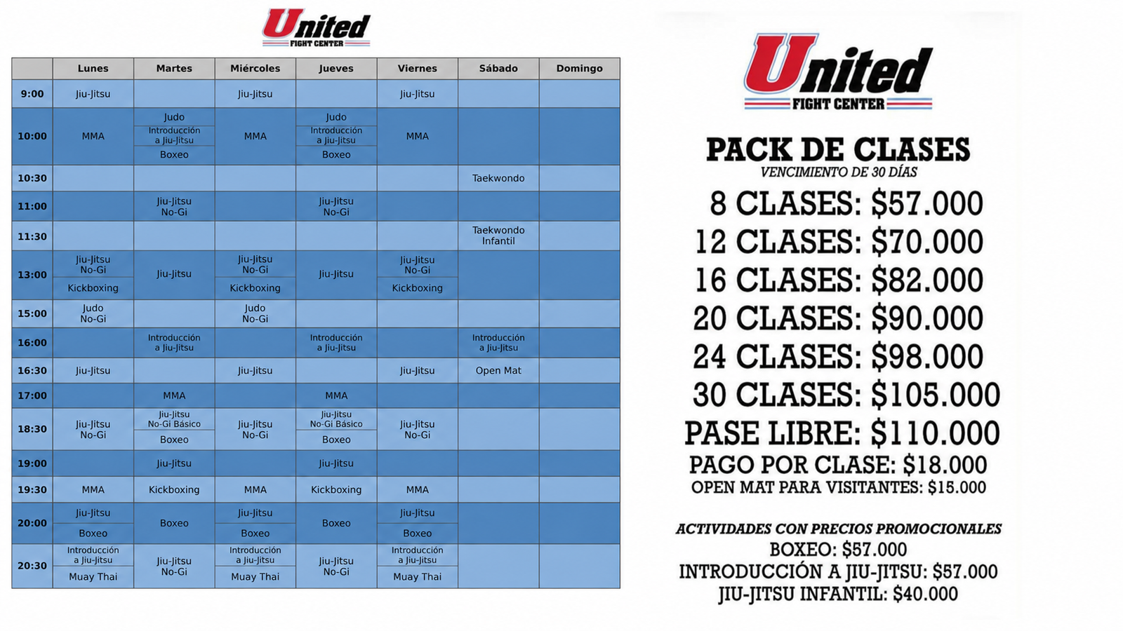 Horarios de United Fight Center. Tocá para ampliar.