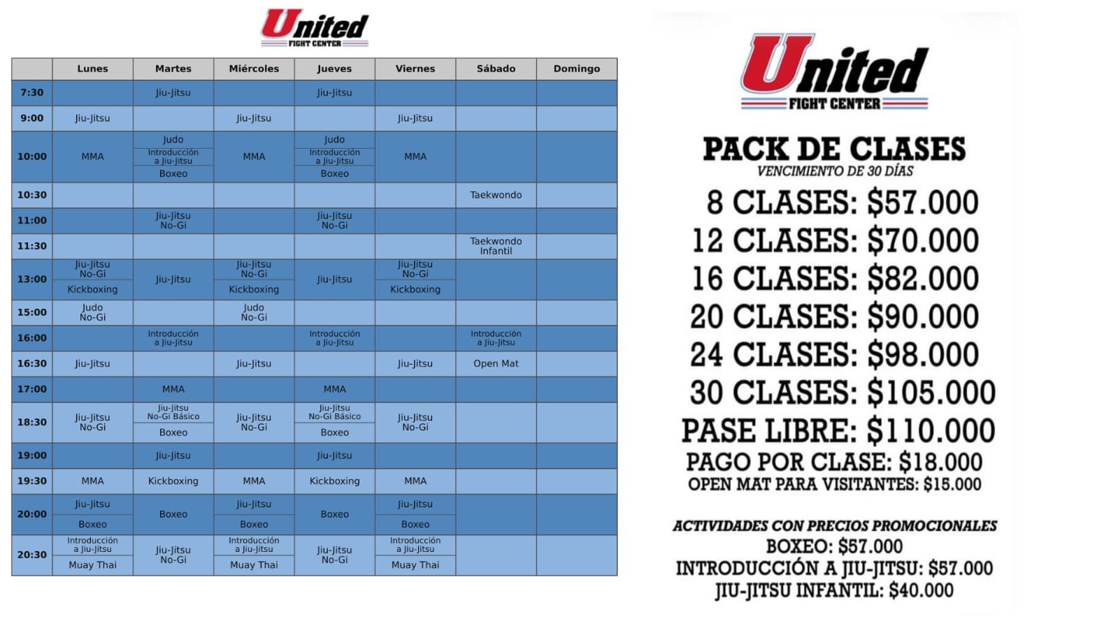 Precios de United Fight Center. Tocá para ampliar.
